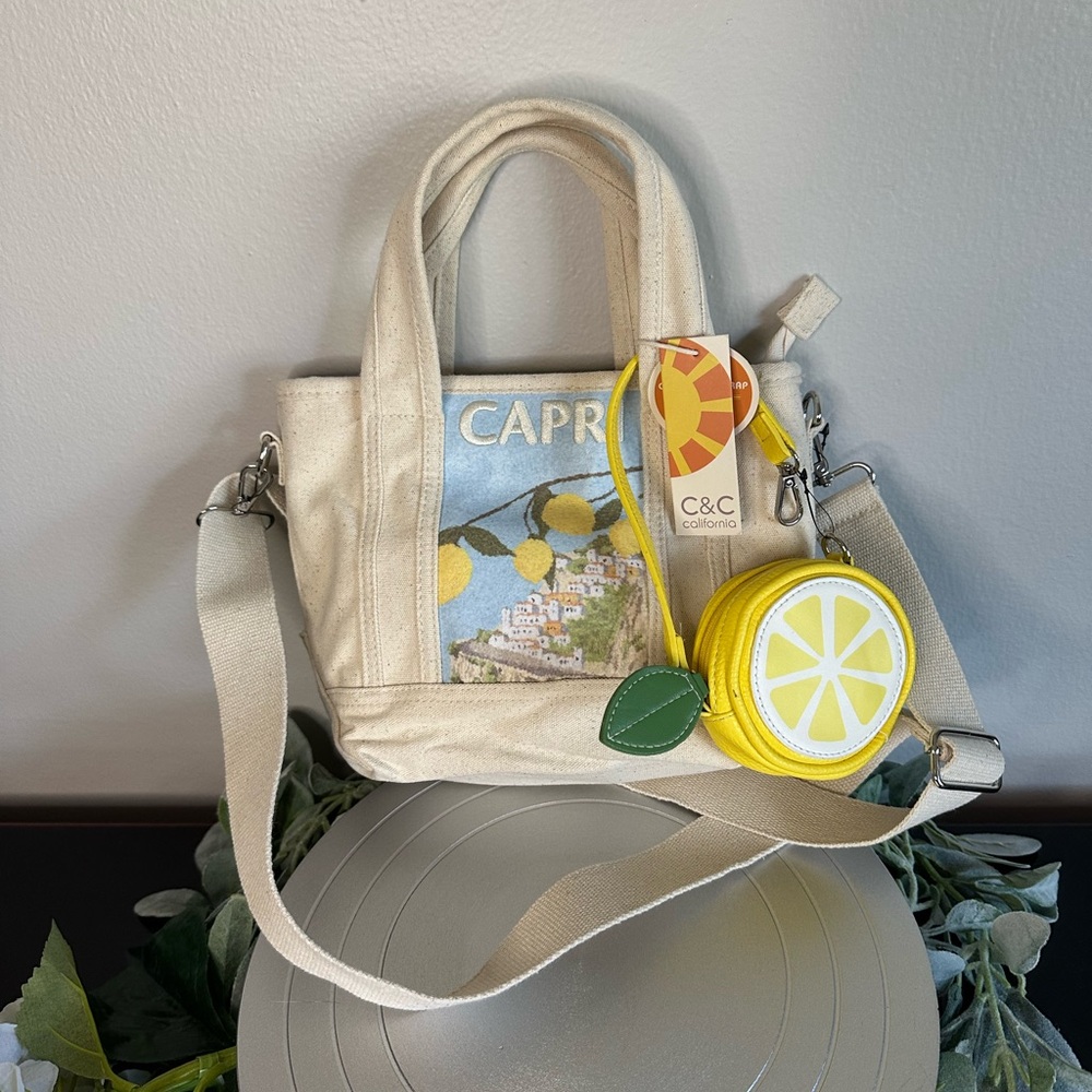 C&C California Italy Capri Tote Bag with Mini Lemon Pouch Wristlet NWT